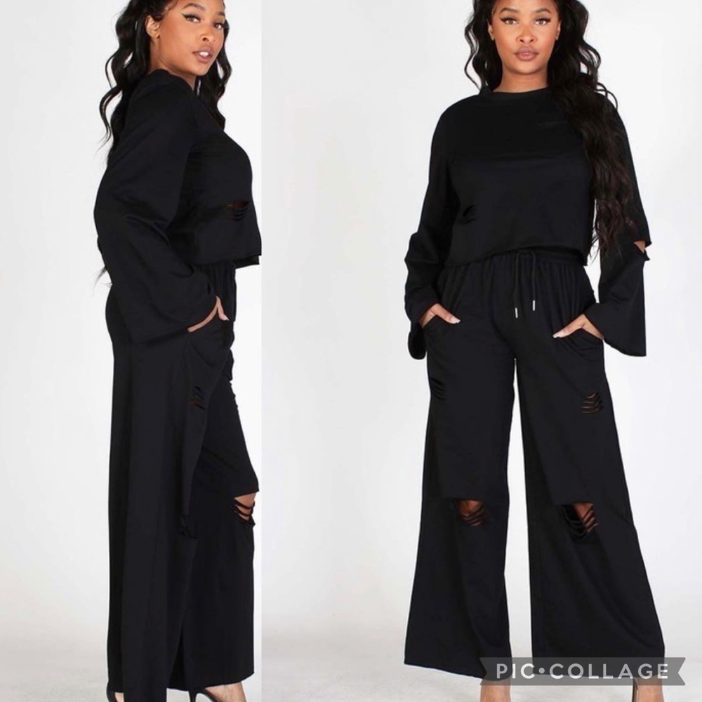 Black 2 Piece Slightly Distressed Pants & Top - Picture 3 of 5